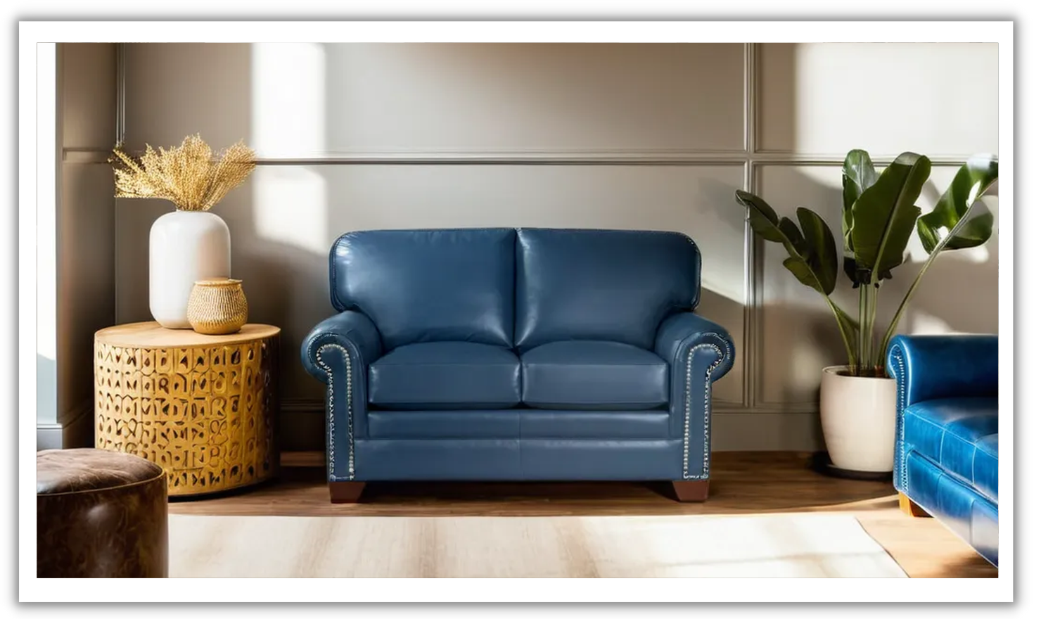 Buy Craftmaster Vicky Rolled Arm Leather Loveseat in Blue Online