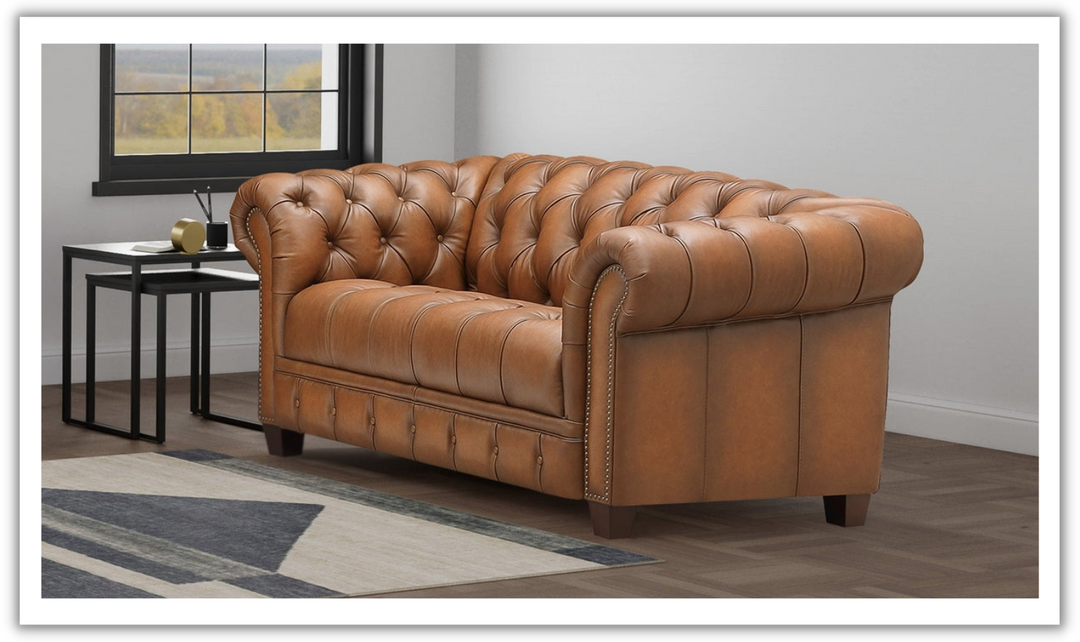 Hydeline York Leather Brown Loveseat With Button-Tufted Back Cushions-Jennifer Furniture