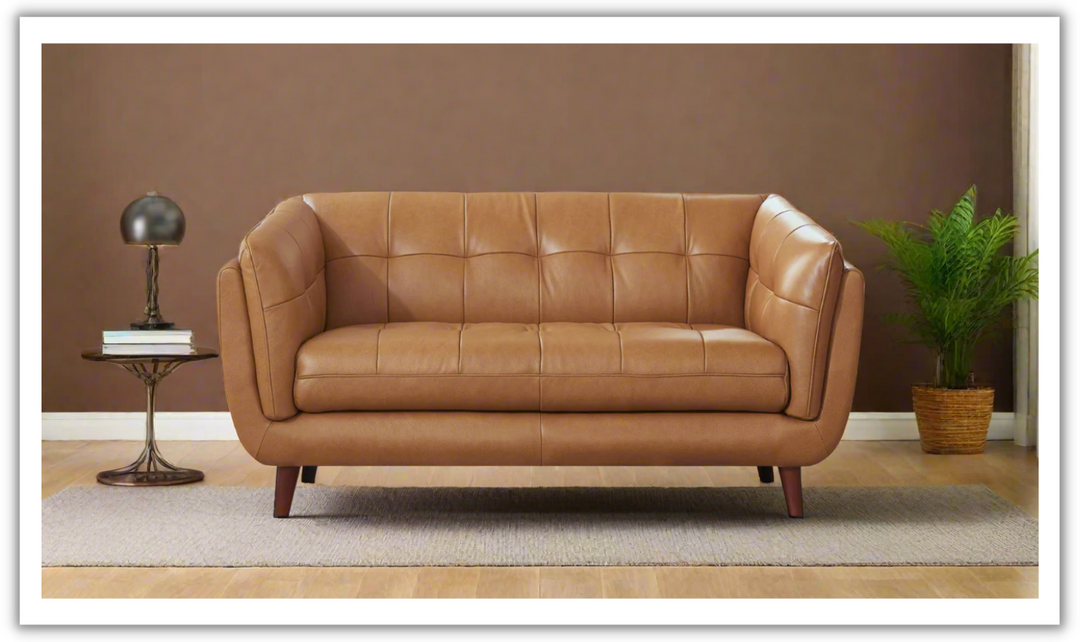 Hydeline Solana Leather Brown Loveseat With Structured Tufting-Jennifer Furniture