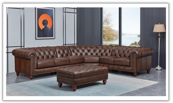 Alton Bay Leather Sectional Sofa In Caramel Brown with Nailhead Finish