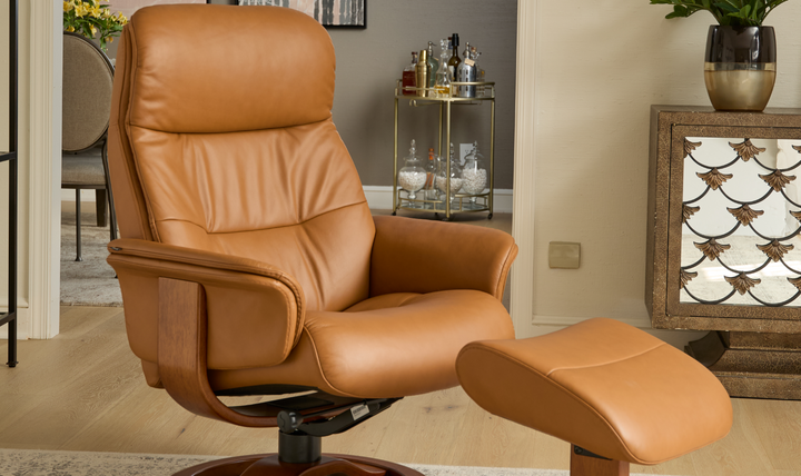 Fjords Anne R Leather Manual Recliner Swivel Chair with Footstool in Two Sizes-Jennifer Furniture