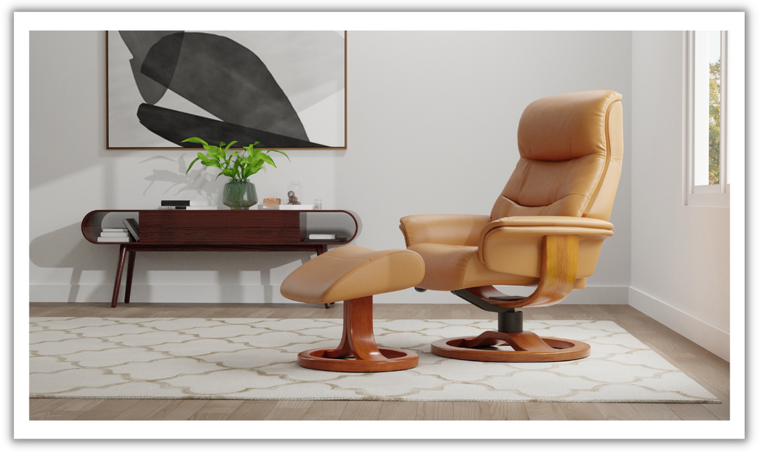 Fjords Anne R Leather Manual Recliner Swivel Chair with Footstool in Two Sizes-Jennifer Furniture