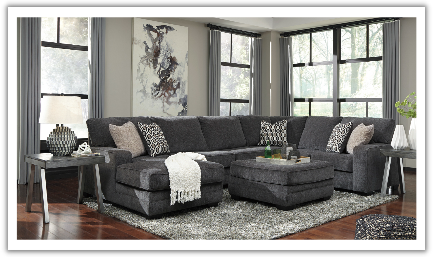 Modern Heritage Tracling 3 Piece Fabric Sectional With Chaise In Slate Jennifer Furniture
