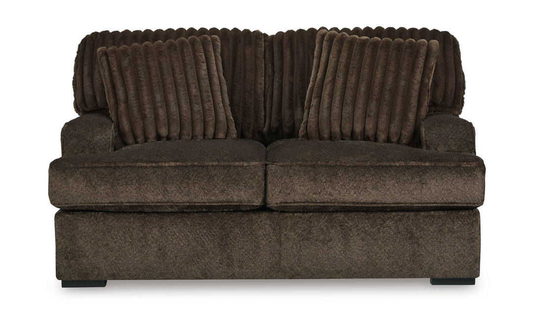 Ashley Aylesworth Fabric Loveseat With Pillows In Chocolate Brown- Jennifer Furniture