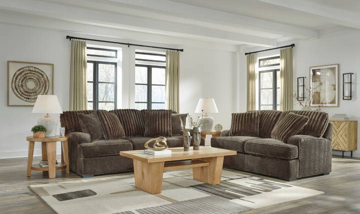 Ashley Aylesworth Fabric Loveseat With Pillows In Chocolate Brown- Jennifer Furniture