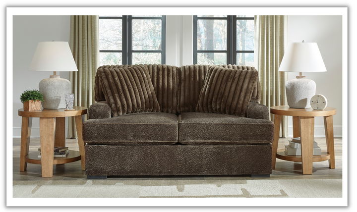 Ashley Aylesworth Fabric Loveseat With Pillows In Chocolate Brown- Jennifer Furniture