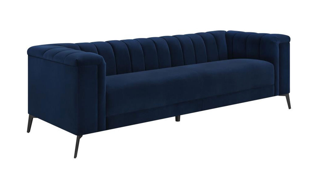 Coaster Chalet Blue Velvet Fabric Tuxedo Arm Sofa