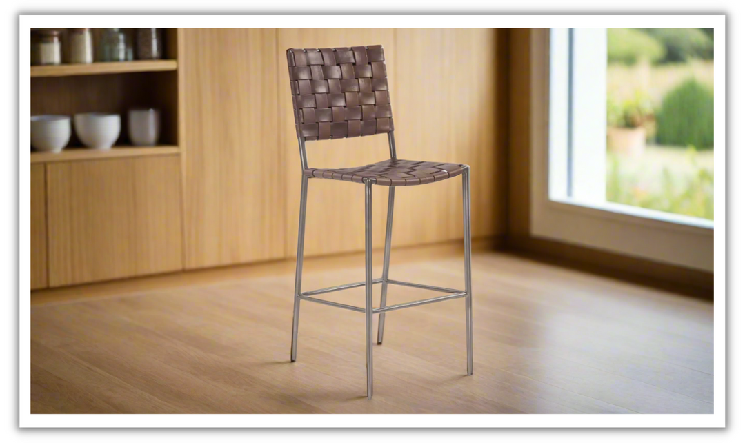 Copenhagen Bar Chair in Brown Buffalo Leather and Iron-Jennifer Furniture