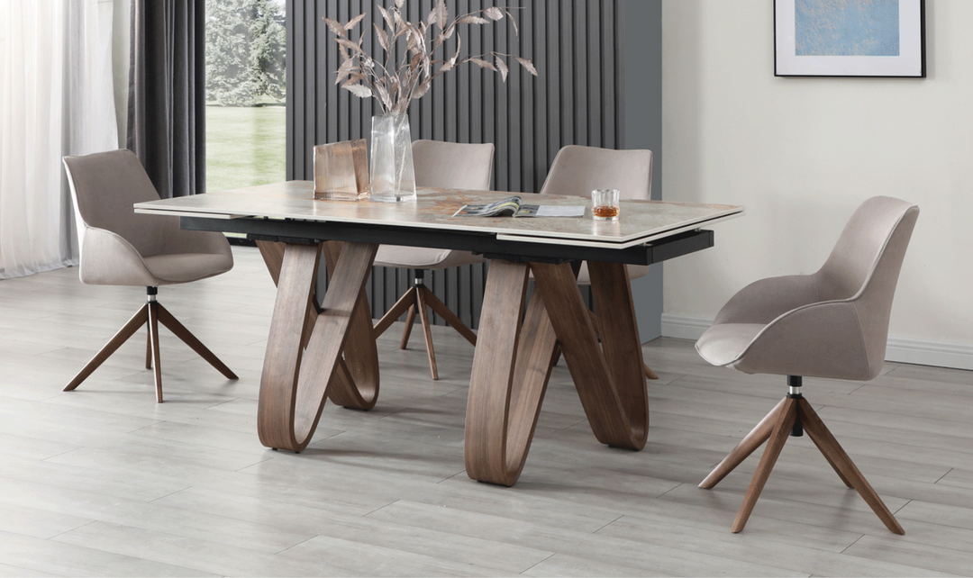 ESF Italia Bruno Dining Set (1 Extendable Brown Table + 4 Gray Swivel Chairs)