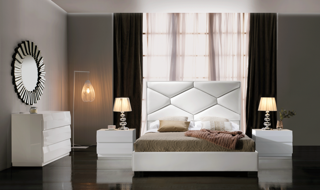 ESF Italia Martina Lux White Bedroom Set (Queen/King Bed + Dresser + 2 Nightstand + Mirror)