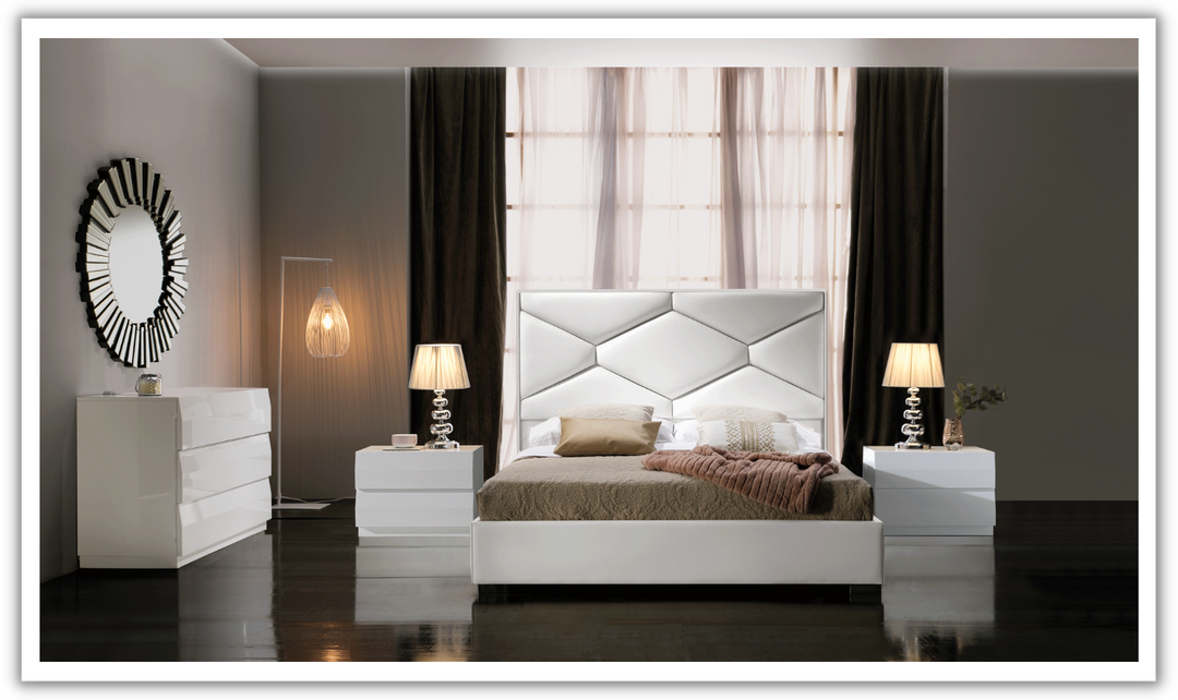 ESF Italia Martina Lux White Bedroom Set (Queen/King Bed + Dresser + 2 Nightstand + Mirror)