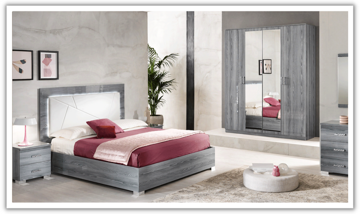 ESF Italia Nicole King Size Gray Bedroom Set (Bed + Dresser + Mirror + Nightstand)