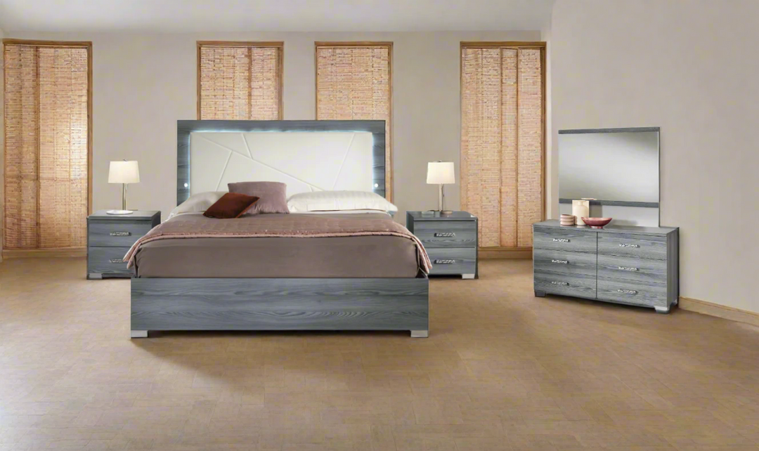 ESF Italia Nicole King Size Gray Bedroom Set (Bed + Dresser + Mirror + Nightstand)