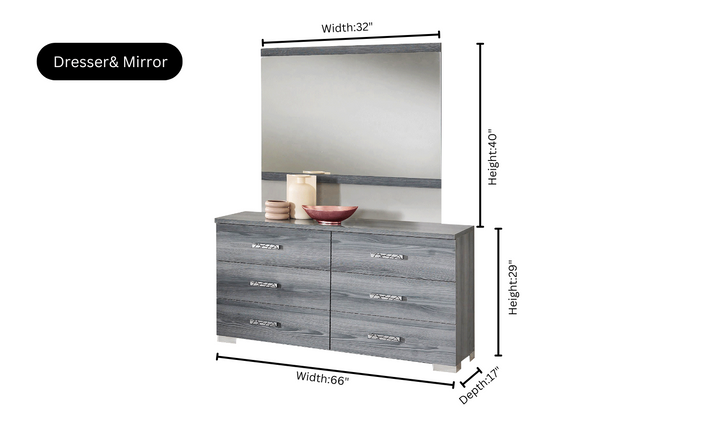ESF Italia Nicole King Size Gray Bedroom Set (Bed + Dresser + Mirror + Nightstand)