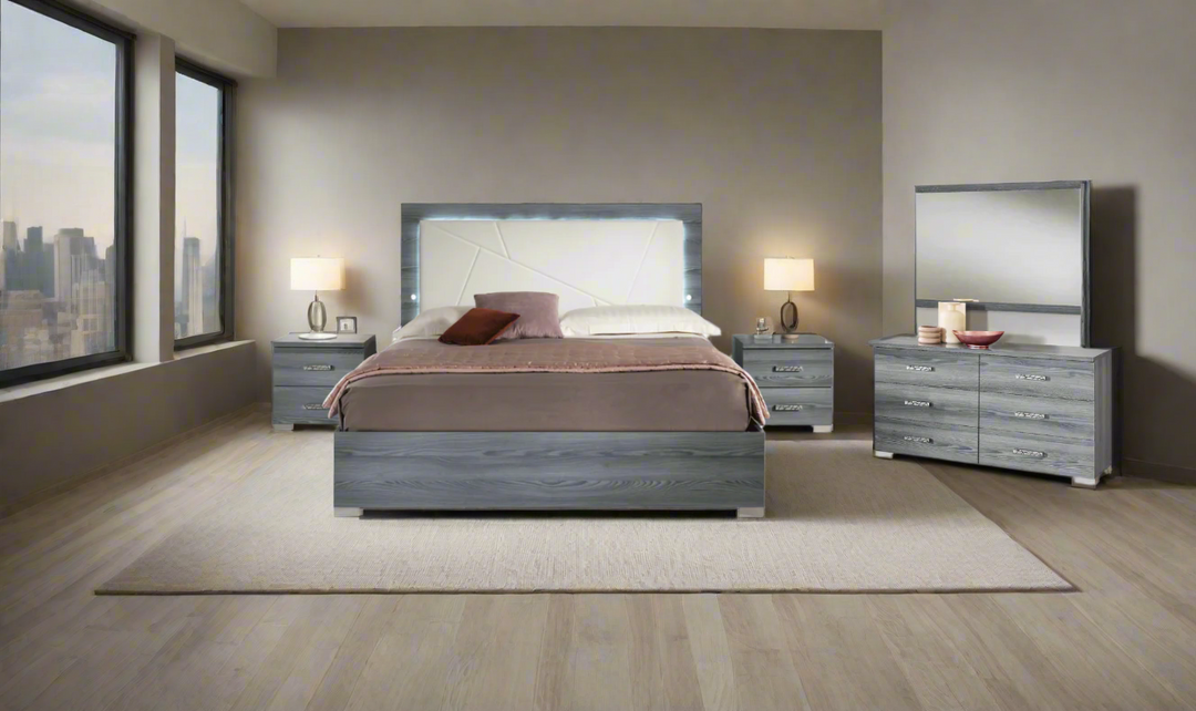 ESF Italia Nicole King Size Gray Bedroom Set (Bed + Dresser + Mirror + Nightstand)