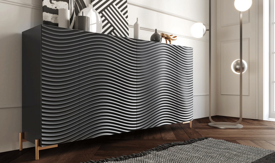 ESF Italia Wave Dark Gray Dining Set (Dining Table + Chairs + China Cabinet + Buffet)