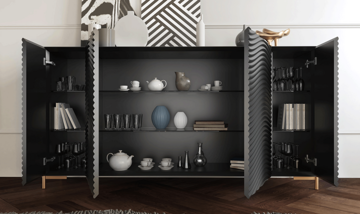 ESF Italia Wave Dark Gray Dining Set (Dining Table + Chairs + China Cabinet + Buffet)