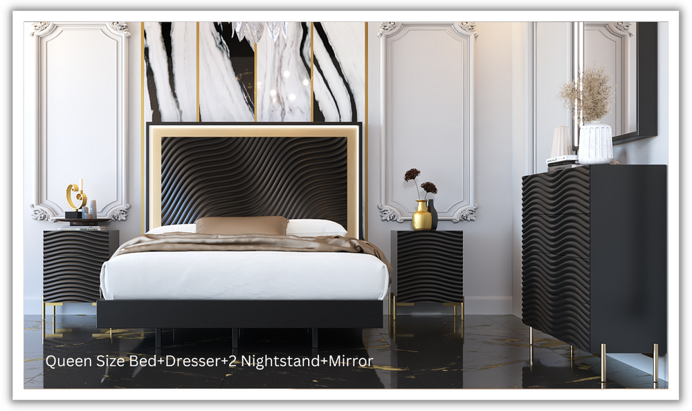 ESF Italia Wave Wooden Bedroom Set In Dark Gray (Queen/King Bed + 2 Nightstand + Dresser + Mirror)