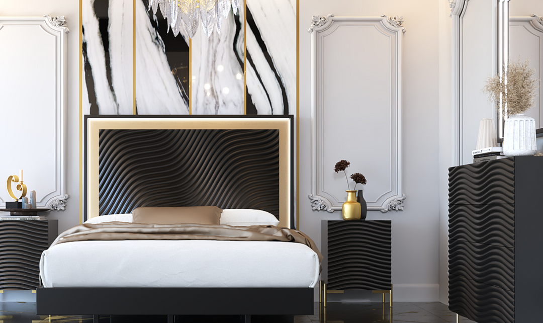 ESF Italia Wave Wooden Bedroom Set In Dark Gray (Queen/King Bed + 2 Nightstand + Dresser + Mirror)