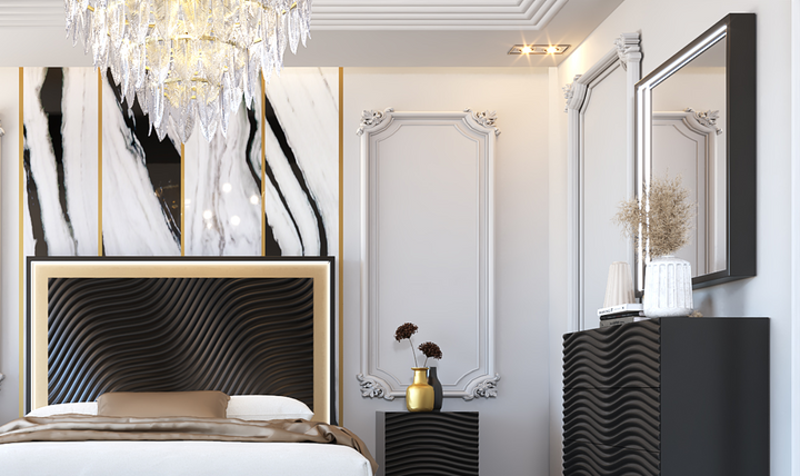 ESF Italia Wave Wooden Bedroom Set In Dark Gray (Queen/King Bed + 2 Nightstand + Dresser + Mirror)