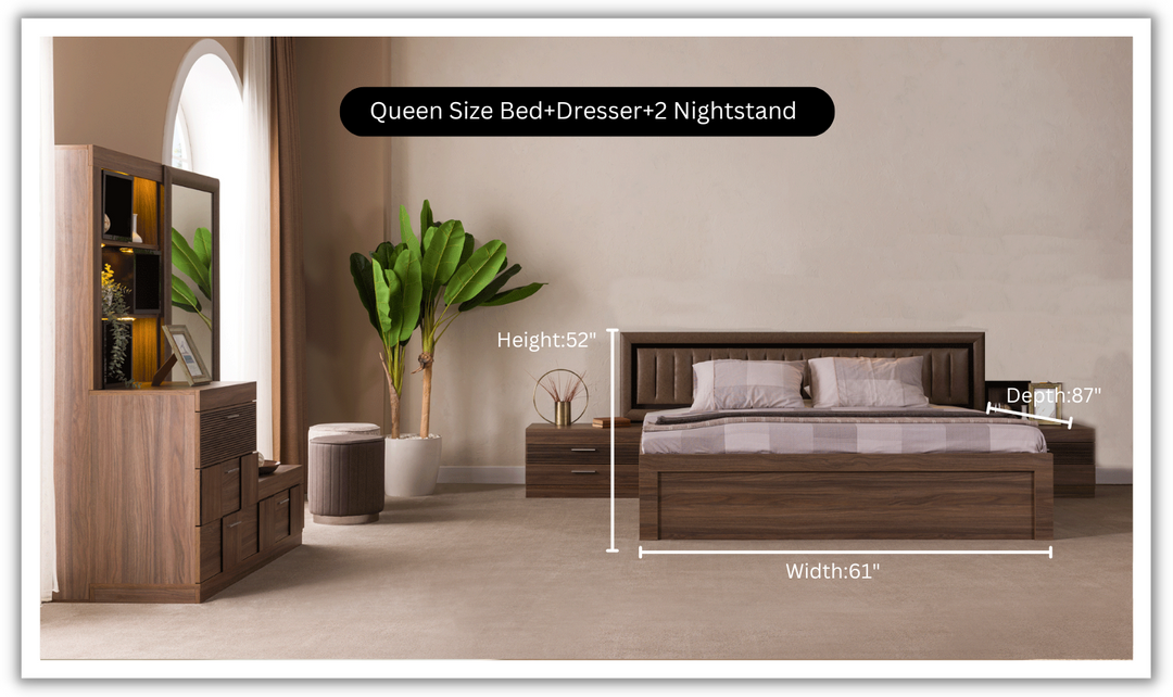 ESF Italia Lindo Brown Bedroom Set With Storage (Queen/King Bed + 2 Nightstand + Dresser)