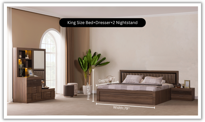 ESF Italia Lindo Brown Bedroom Set With Storage (Queen/King Bed + 2 Nightstand + Dresser)