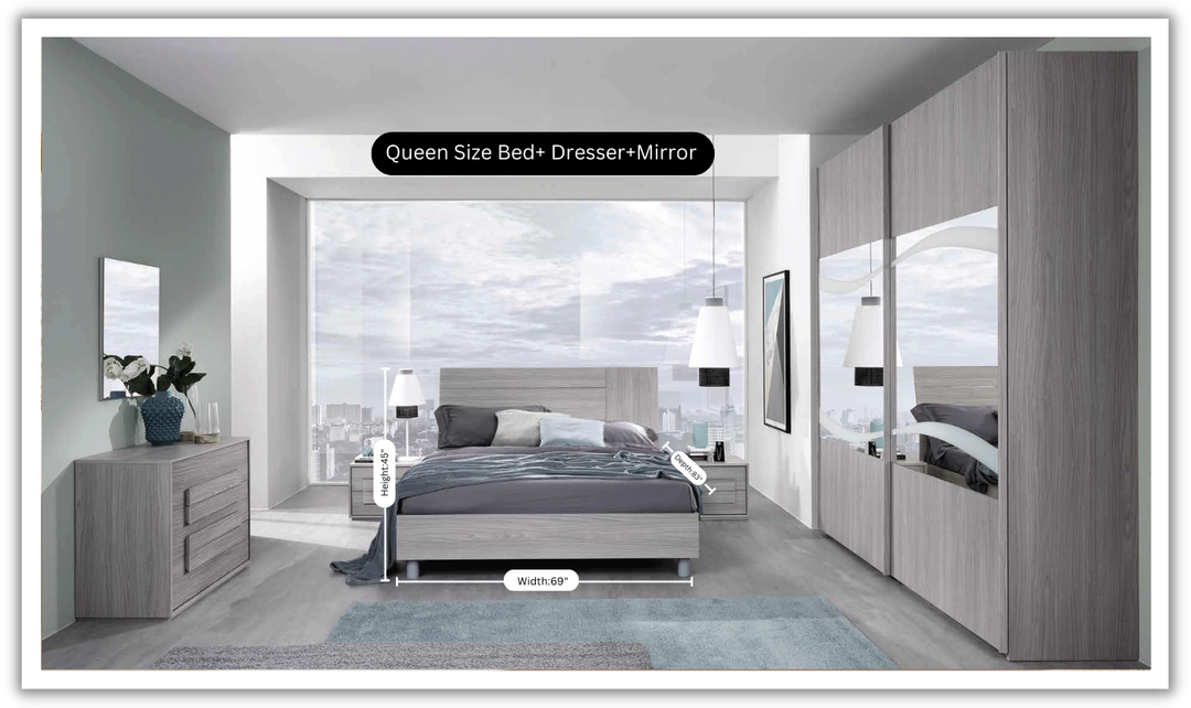 ESF Italia Linosa Beige Wooden Bedroom Set (Queen/King Bed + Dresser + Mirror)