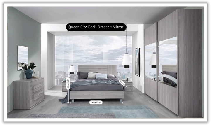 ESF Italia Linosa Beige Wooden Bedroom Set (Queen/King Bed + Dresser + Mirror)