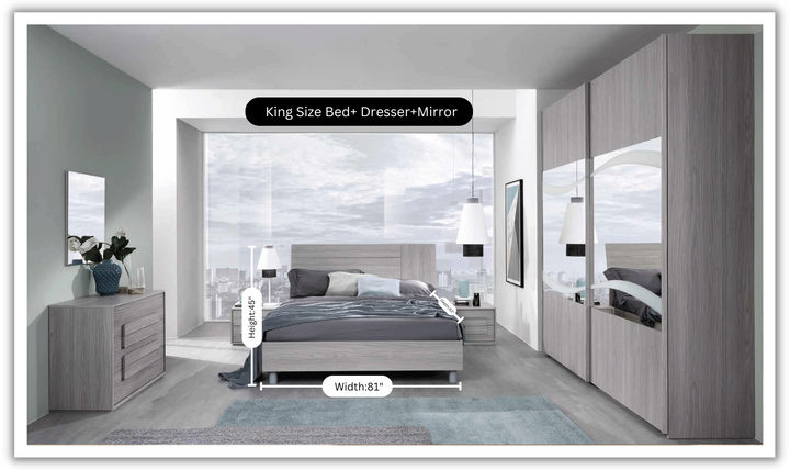 ESF Italia Linosa Beige Wooden Bedroom Set (Queen/King Bed + Dresser + Mirror)