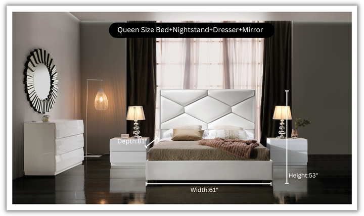 ESF Italia Martina Lux White Bedroom Set (Queen/King Bed + Dresser + 2 Nightstand + Mirror)