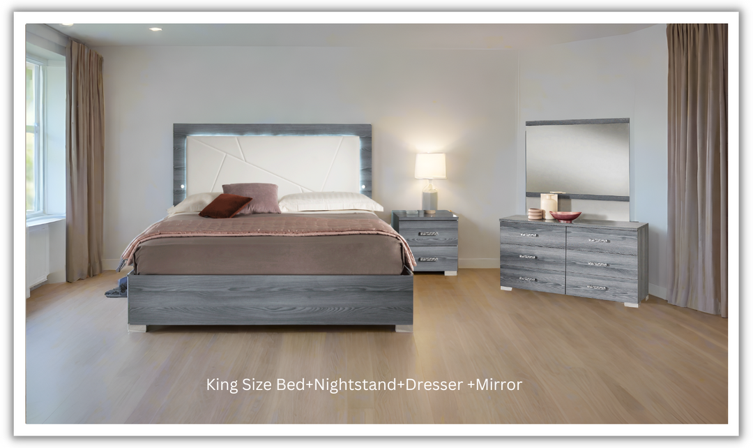 ESF Italia Nicole King Size Gray Bedroom Set (Bed + Dresser + Mirror + Nightstand)