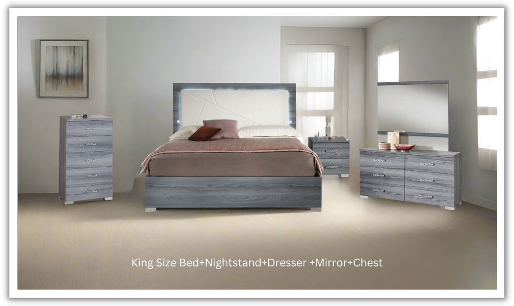 ESF Italia Nicole King Size Gray Bedroom Set (Bed + Dresser + Mirror + Nightstand)