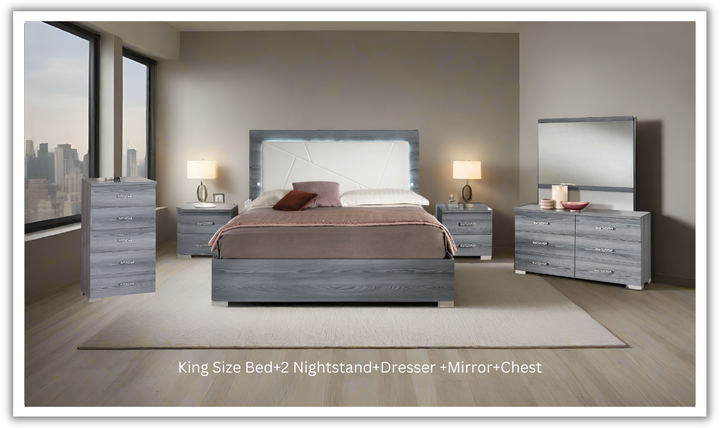 ESF Italia Nicole King Size Gray Bedroom Set (Bed + Dresser + Mirror + Nightstand)