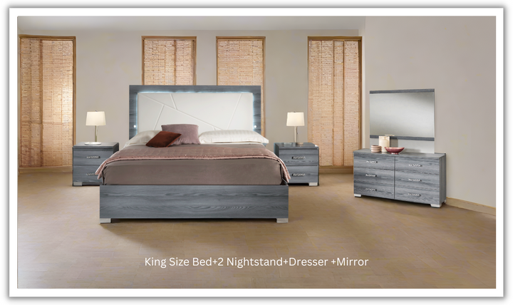 ESF Italia Nicole King Size Gray Bedroom Set (Bed + Dresser + Mirror + Nightstand)