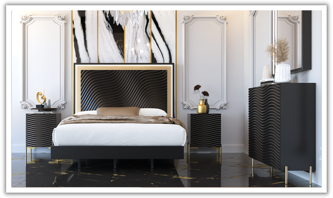 ESF Italia Wave Wooden Bedroom Set In Dark Gray (Queen/King Bed + 2 Nightstand + Dresser + Mirror)