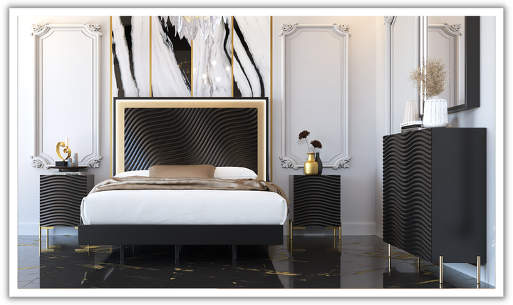 ESF Italia Wave Wooden Bedroom Set In Dark Gray (Queen/King Bed + 2 Nightstand + Dresser + Mirror)