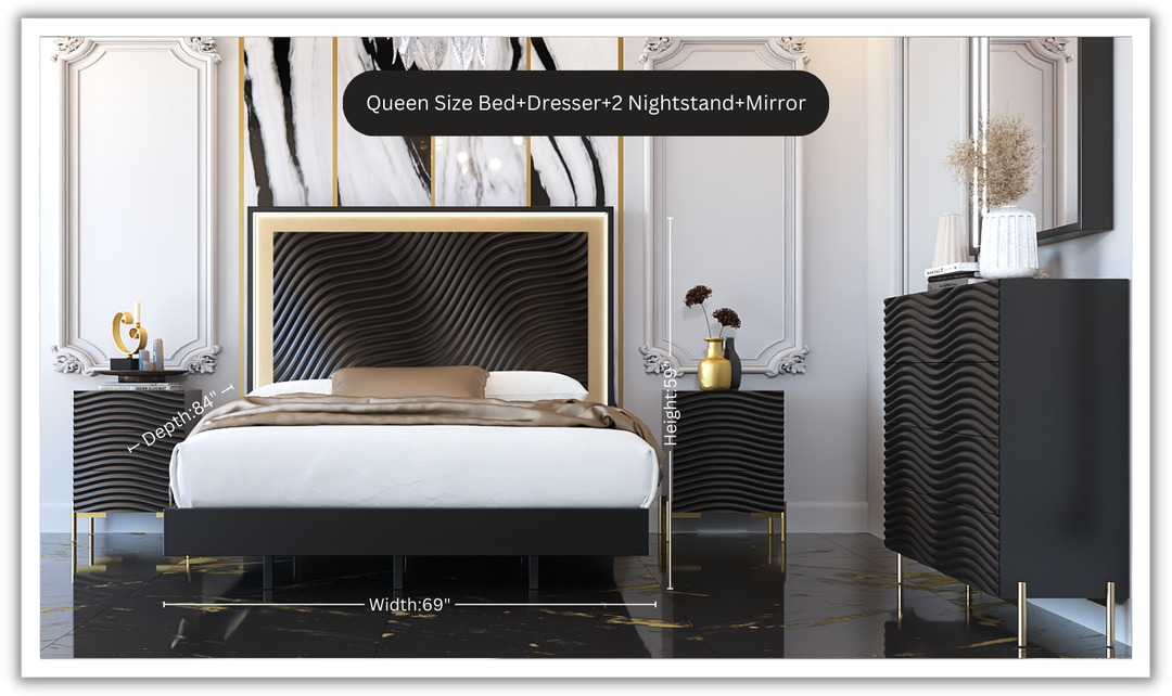 ESF Italia Wave Wooden Bedroom Set In Dark Gray (Queen/King Bed + 2 Nightstand + Dresser + Mirror)