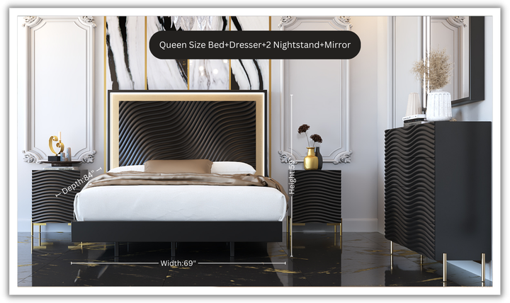 ESF Italia Wave Wooden Bedroom Set In Dark Gray (Queen/King Bed + 2 Nightstand + Dresser + Mirror)
