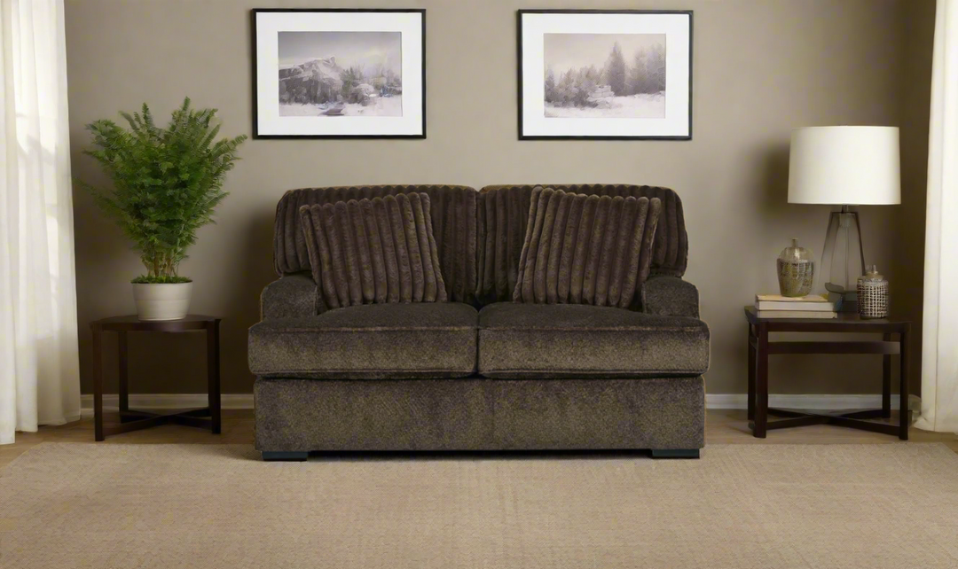 Ashley Aylesworth Fabric Loveseat With Pillows In Chocolate Brown- Jennifer Furniture