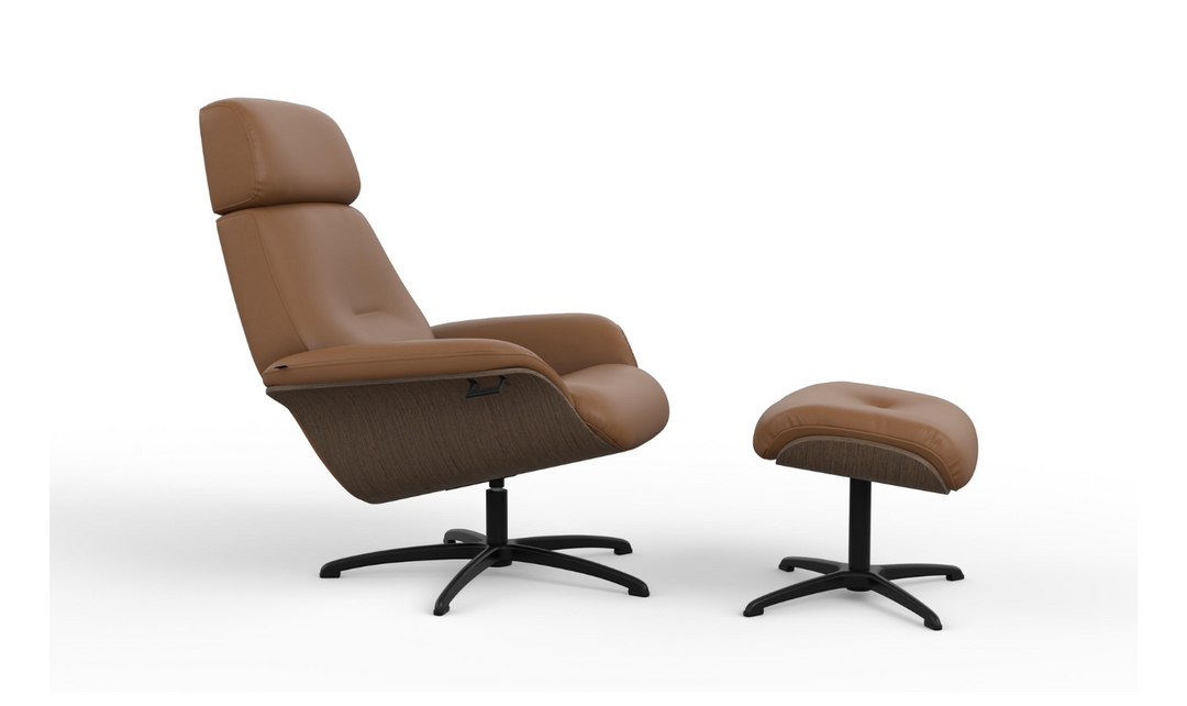 Falcon Leather Swivel Manual Recliner Chair with Footstool-Jennifer Furniture