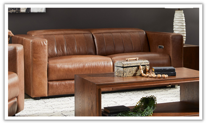 Flexsteel Austin Chestnut Leather Power Recliner Sofa With Power Headrests-jennifer furniture