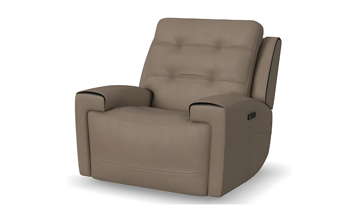 Flexsteel Iris Dark Grey Tufted Leather Power Recliner Chair with USB Ports