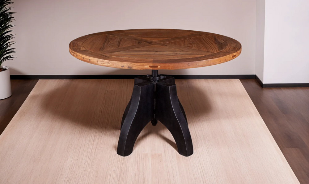 HTD Bowery Brown Adjustable Round Dining Table in Natural Teak-Jennifer Furniture