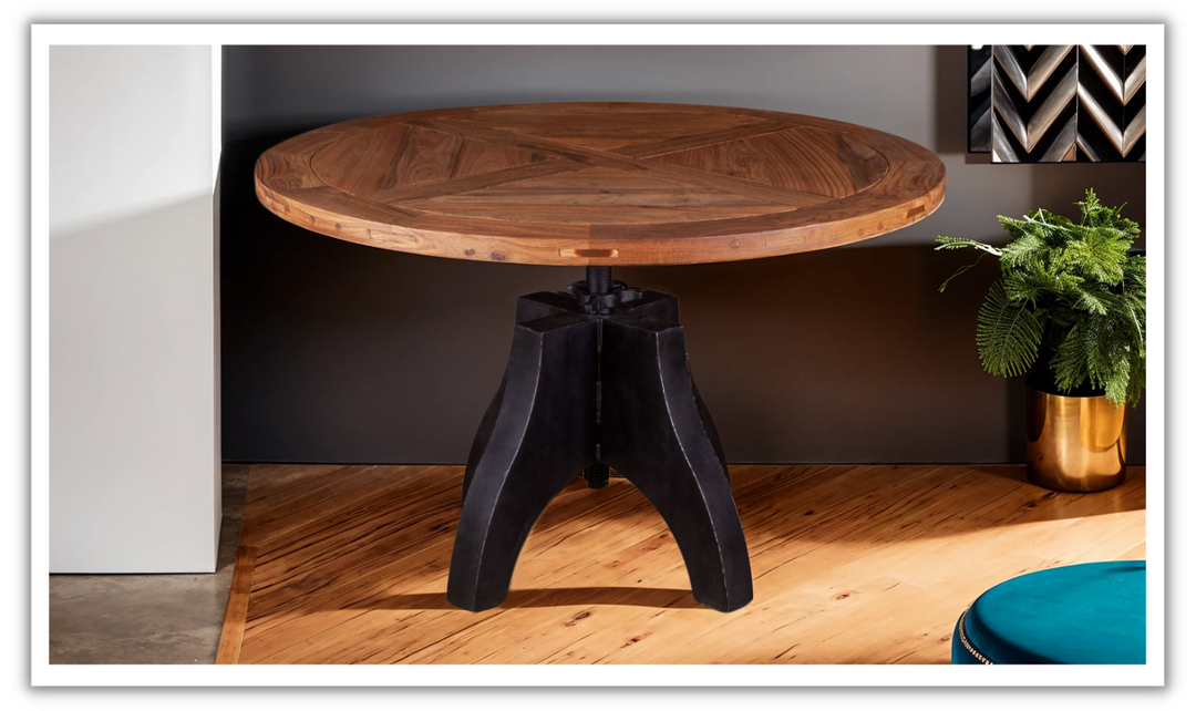 HTD Bowery Brown Adjustable Round Dining Table in Natural Teak-Jennifer Furniture