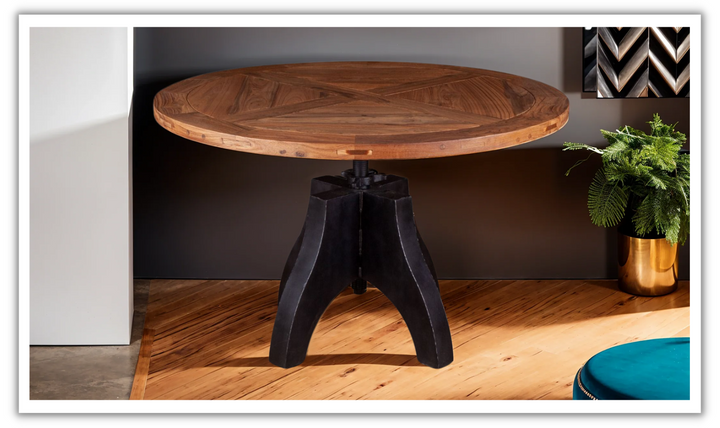 HTD Bowery Brown Adjustable Round Dining Table in Natural Teak-Jennifer Furniture