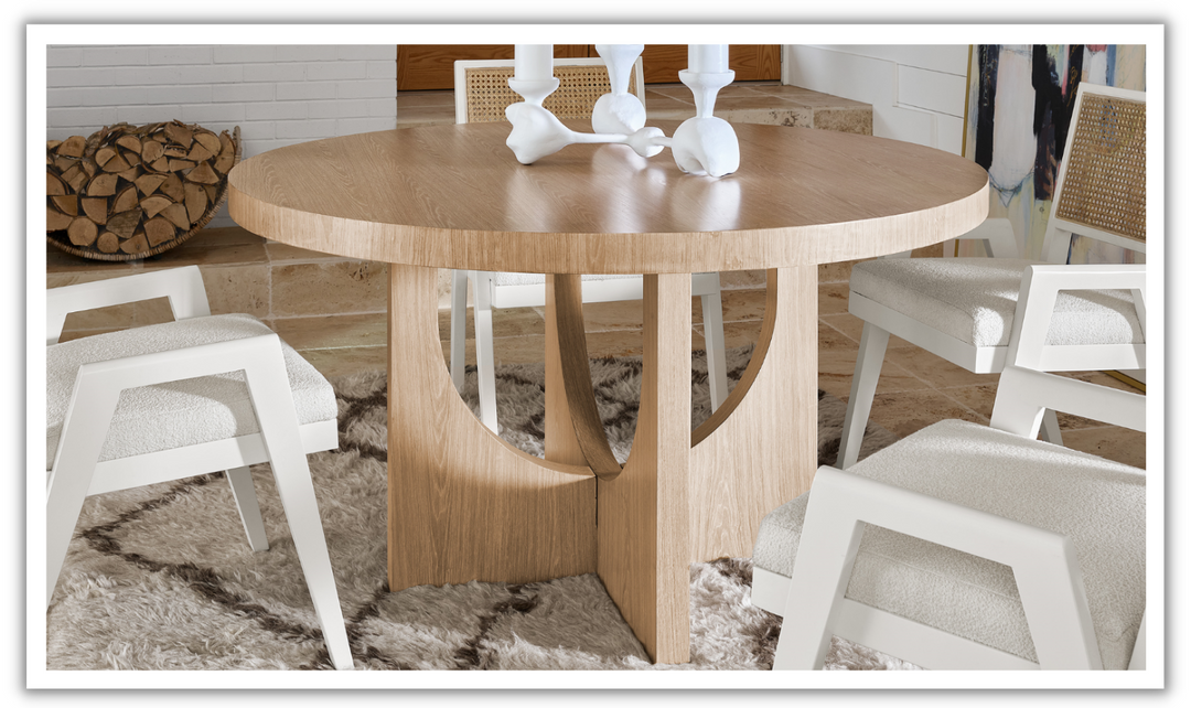 Universal Callon Round Dining Table With Half-Moon-Shaped Pedestals.