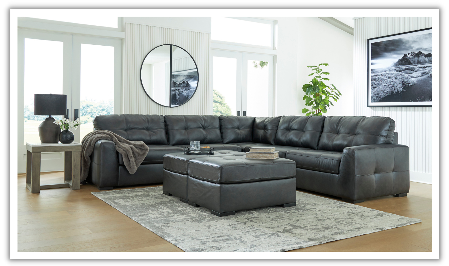 Modern Heritage Brindley Pier Leather Modular Sectional Sofa with Ottoman, image size:1480x880