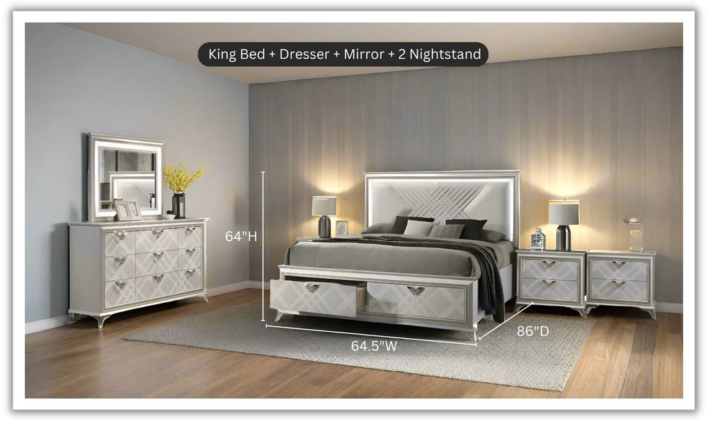 Jennifer Italia Brickfield King/Queen Size Storage Bedroom Set with LED Headboard