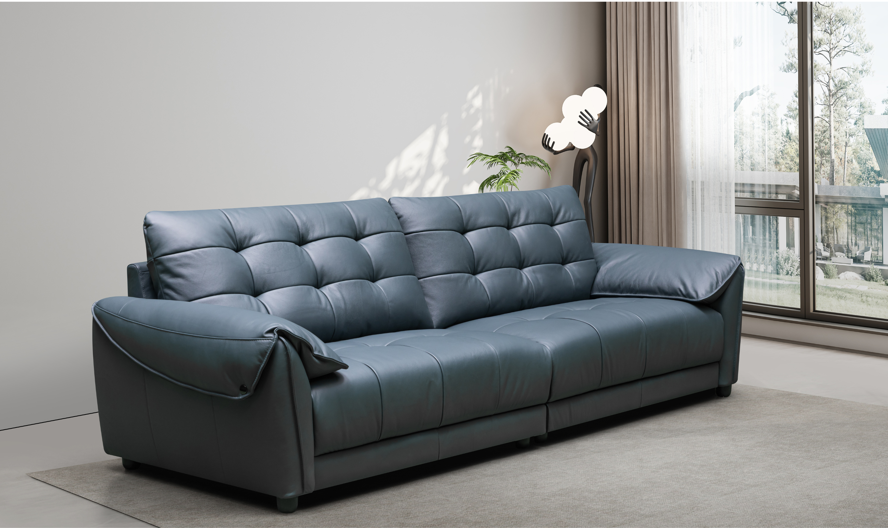 Klaussner Divano 2-seater Blue Leather Sofa with Plush Back
