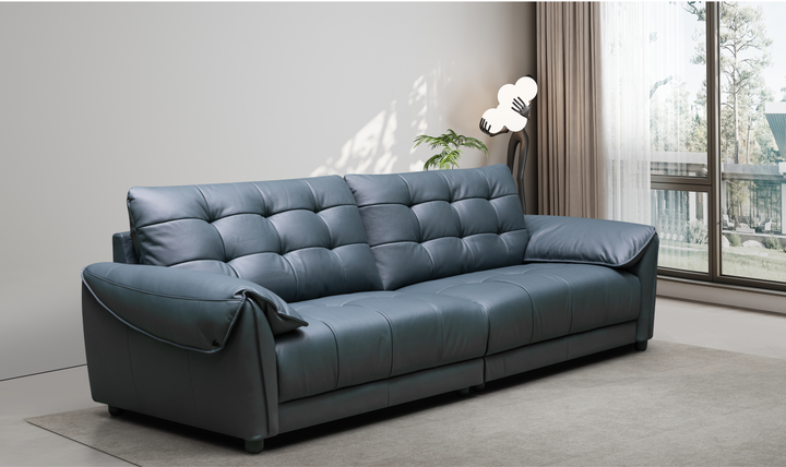 Klaussner Divano 2-seater Blue Leather Sofa with Plush Back Support-Jennifer Furniture